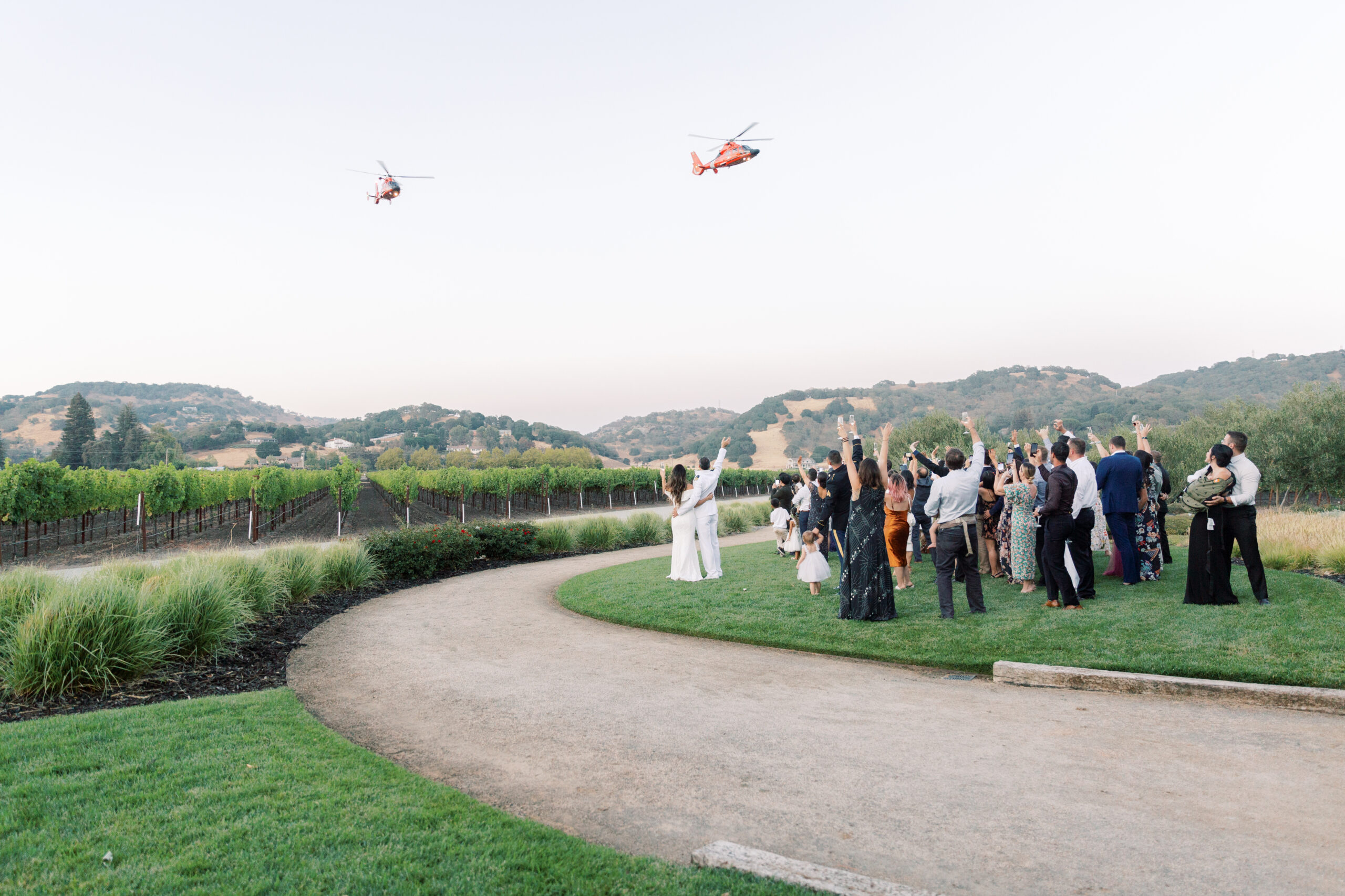Green Valley Barn Napa wedding helicopter exit over vineyard