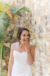 Emotional bride reaction during daddy daughter first look at Cabo San Lucas destination wedding